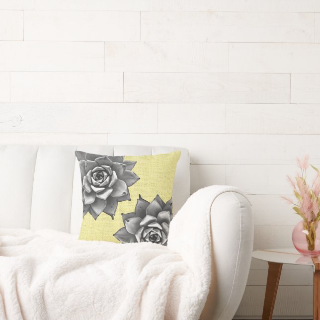 Sukkulente Wasserfarbe Grau auf Gelb Kissen (Liege)