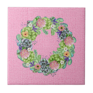 Sukkulenten-Wasserfarben-Blumenkranz auf Rosa Fliese