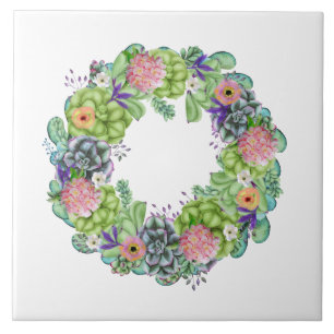 Sukkulenten-Wasserfarben-Blumenkranz Fliese