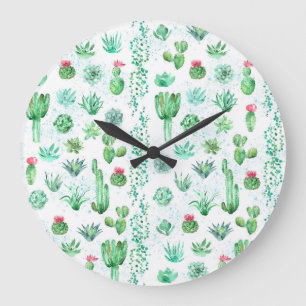 Sukkulenter Garten: Aquarellfarbener, nahtloser Hi Große Wanduhr