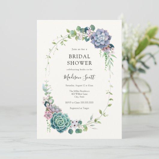 Sukkulentes und grünes Brautparty Einladung (Stehend Vorderseite)