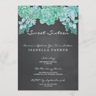 Sukkulturen auf Chalkboard 16 . Geburtstag Party Einladung