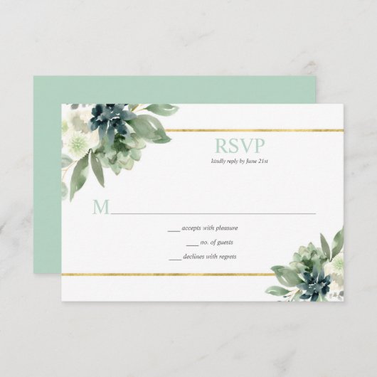 Sukkulturen, Gold, weiße Blume - blassgrün RSVP Karte (Vorne/Hinten)