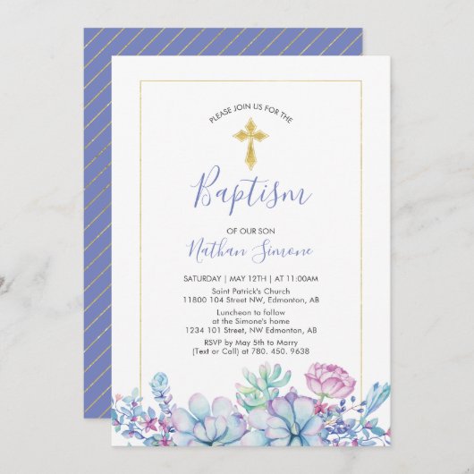 Sukkulturen und Kreuz | Taufe Junge, Weihnachten Einladung (Vorne/Hinten)