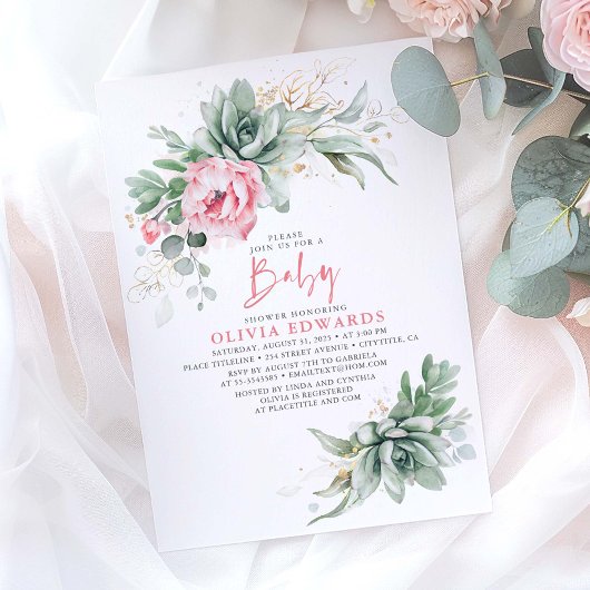 Sukkulturen und rosa Blume Girl Baby Shower Invit Einladung
