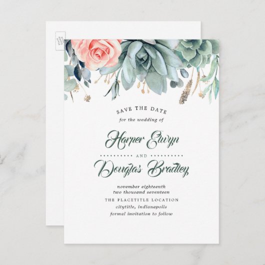 Sukkulturen und rosa rosa botanisch Save the Date Ankündigungspostkarte (Vorne/Hinten)