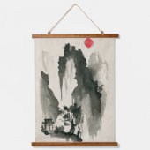 Sumi-e Berge mit Kloster und Mönch Wandteppich Mit Holzrahmen (Vorderseite)