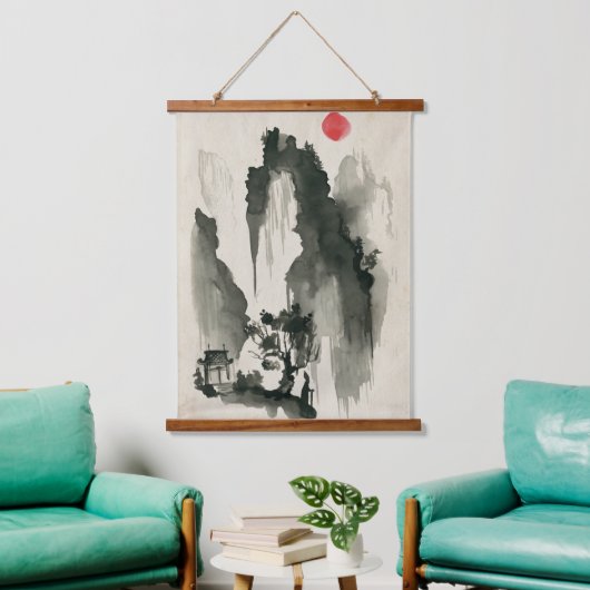 Sumi-e Berge mit Kloster und Mönch Wandteppich Mit Holzrahmen (Wohnzimmer)