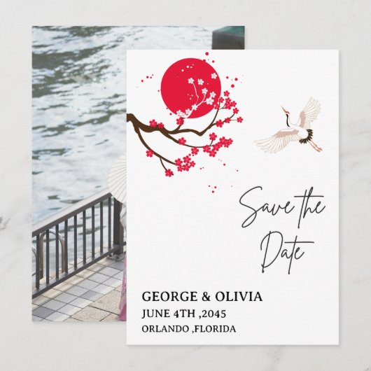 Sumi-e Cherry Blossom Wedding Save the Date (Vorne/Hinten)