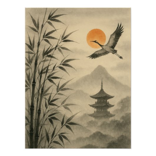 Sumi-e Crane Bamboo Poster | Traditional Japanese (Vorderseite)