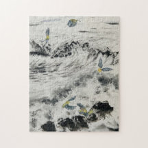Sumi e Ocean Puzzle mit grünen Vögeln