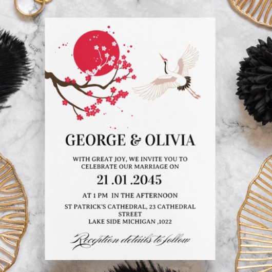  Sumi-e Style Japanese Cherry Blossom Wedding Einladung