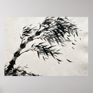 Sumi-e-Tuschemalerei Windgepeitschter Bambusbaum K Poster