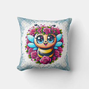 Summende Biene mit rosa Rosen Kissen