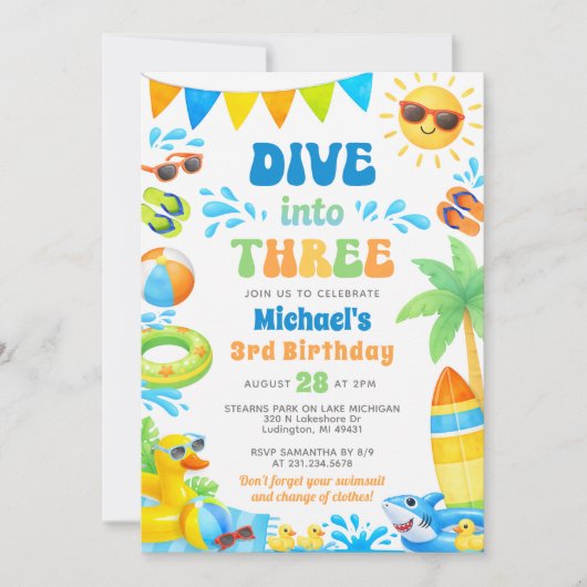Summer 3rd Birthday Invitation - Dive into Three Einladung (Vorderseite)