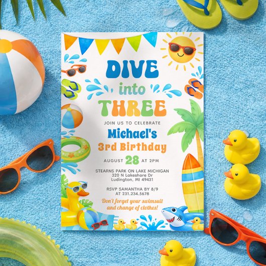 Summer 3rd Birthday Invitation - Dive into Three Einladung