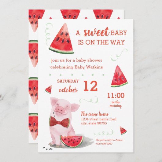 Summer Baby Dusche Watermelon Pig Sweet Baby Einladung (Vorne/Hinten)