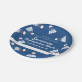 Summer Badminton bash Party blau-weiß Pappteller (Schrägansicht)