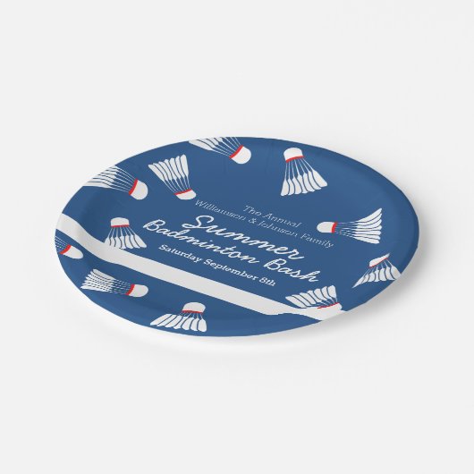 Summer Badminton bash Party blau-weiß Pappteller (Schrägansicht)