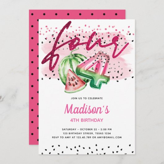 Summer Balloon Letters Melon 4. Geburtstag Einladung (Vorne/Hinten)