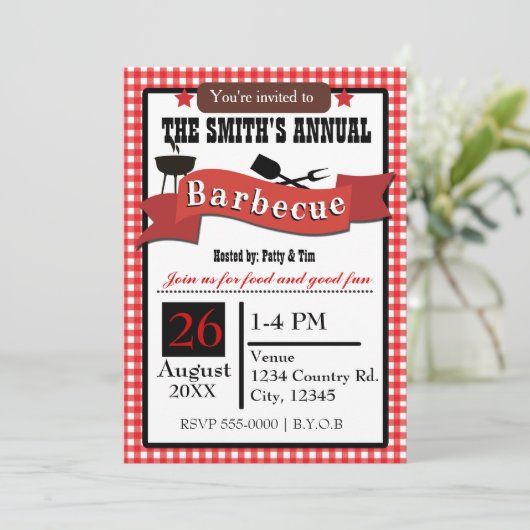 Summer Barbecue GRILLEN Gingham Cookout Einladung (Stehend Vorderseite)