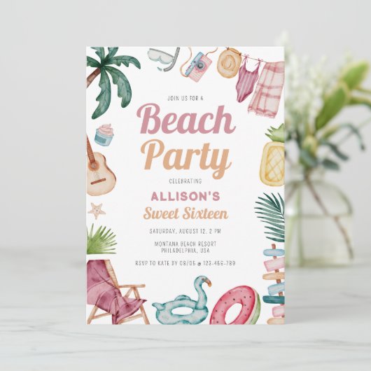 Summer Beach 16 . Geburtstag Einladung (Stehend Vorderseite)