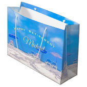 Summer Beach Blue White Happy Rente Große Geschenktüte (Vorderseite Schrägansicht)