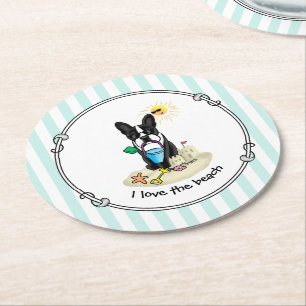 Summer Beach Boston Terrier Dog (schwarz) Niedlich Runder Pappuntersetzer