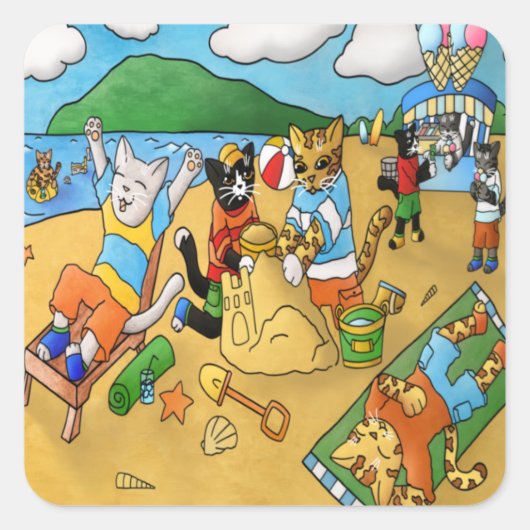 Summer Beach Cats Quadratischer Aufkleber (Vorderseite)