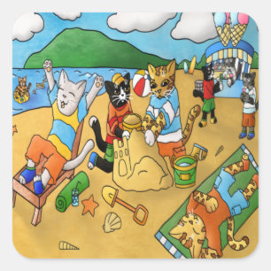 Summer Beach Cats Quadratischer Aufkleber