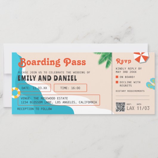 Summer Beach Destination Boarding Pass Hochzeit Einladung (Vorderseite)