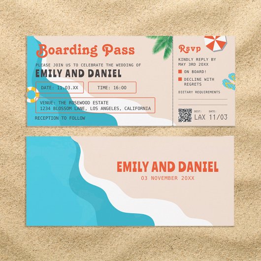 Summer Beach Destination Boarding Pass Hochzeit Einladung