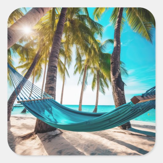 Summer Beach Hammock Ocean Vacation Palmen Quadratischer Aufkleber (Vorderseite)