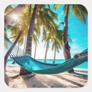 Summer Beach Hammock Ocean Vacation Palmen Quadratischer Aufkleber