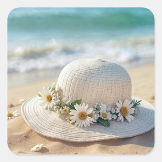 Summer Beach Hat Quadratischer Aufkleber (Vorderseite)