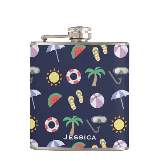 Summer Beach Holiday Blue Muster Personalisiert Flachmann (Vorderseite)