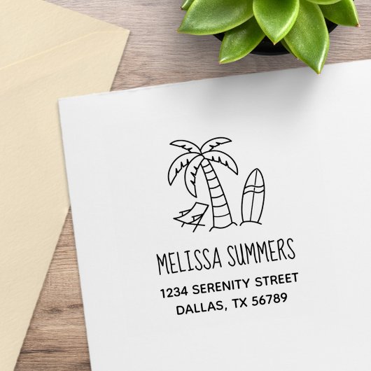 Summer Beach Palm Surfboard Adresse Gummistempel
