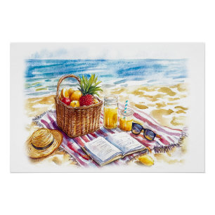 Summer Beach Picnic Watercolor Illustration - Vibr Poster