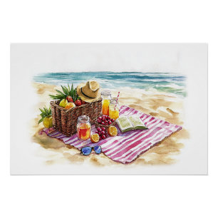 Summer Beach Picnic Watercolor Illustration - Vibr Poster