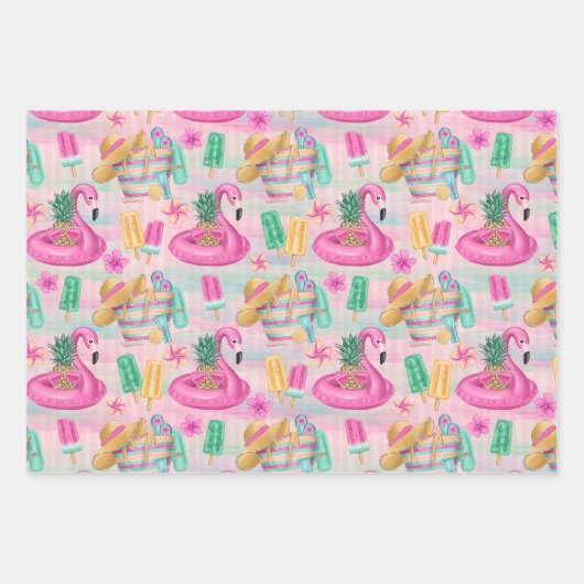 Summer Beach Pink Flamingos Ananas Lemons Geschenkpapier Set (Vorderseite)