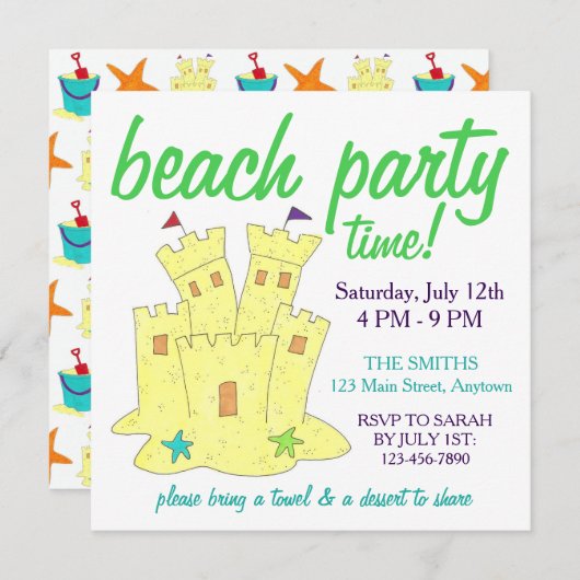 Summer Beach Pool Partys Sandcastle Starfish Einladung (Vorne/Hinten)
