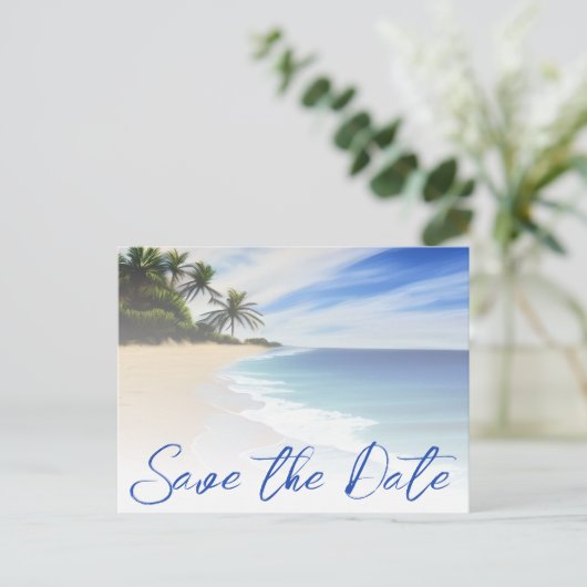 Summer Beach Sand Palm Tree Hochzeit retten das Da Postkarte (Stehend Vorderseite)