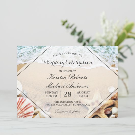 Summer Beach Starfish Seashell Hochzeitsfeier Einladung (Stehend Vorderseite)