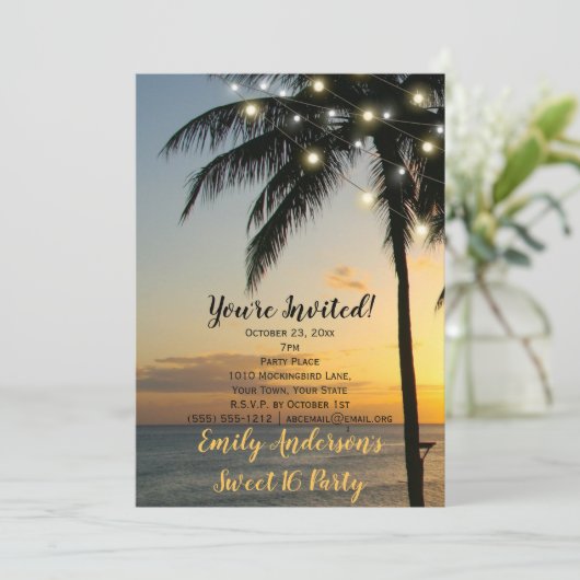 Summer Beach String Light Sunset Sweet 16 Geburtst Einladung (Stehend Vorderseite)