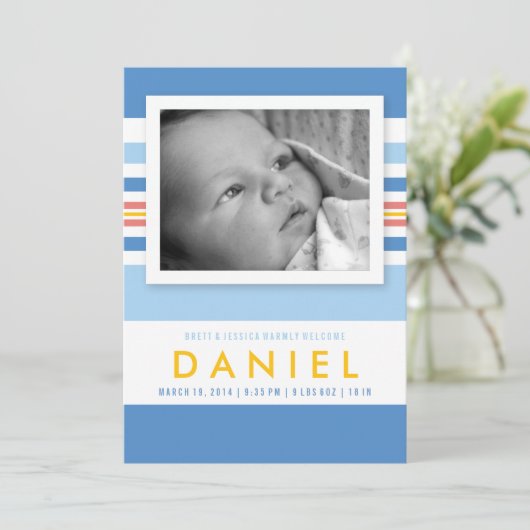 Summer Beach Stripes Baby Foto Geburtsankündigung Ankündigung (Stehend Vorderseite)