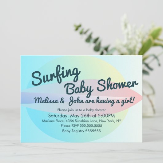 Summer Beach Surfing Baby Shower Girl Einladung (Stehend Vorderseite)