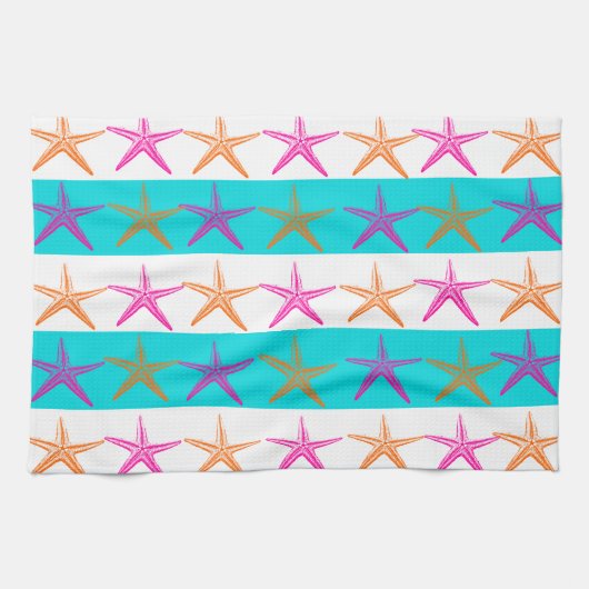 Summer Beach Thema Starfish auf Aquamarinen Streif Handtuch (Horizontal)
