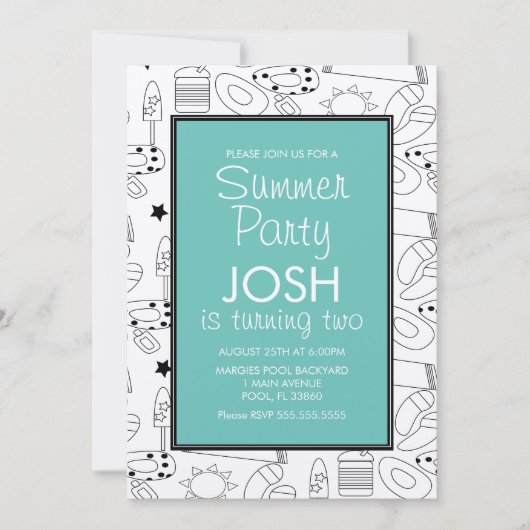 Summer Beach Theme Doodle Birthday Party Kraft Inv Einladung (Vorderseite)