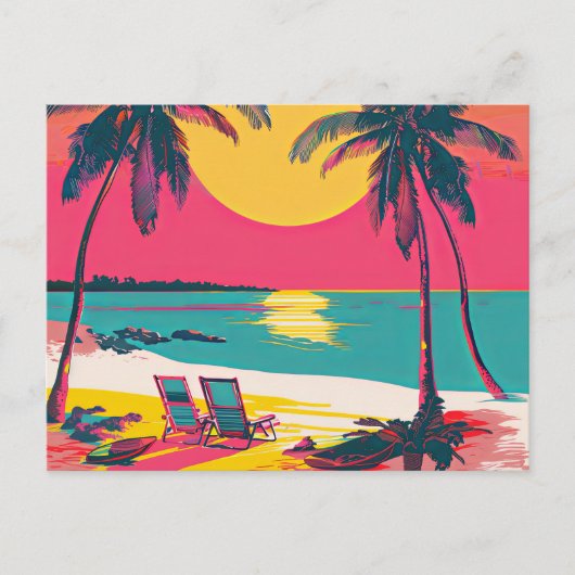 Summer Beach Vibe Retro Surfer Palmen Sonnenunterg Postkarte (Vorderseite)