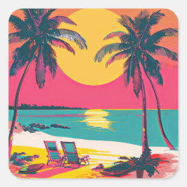 Summer Beach Vibe Retro Surfer Palmen Sonnenunterg Quadratischer Aufkleber